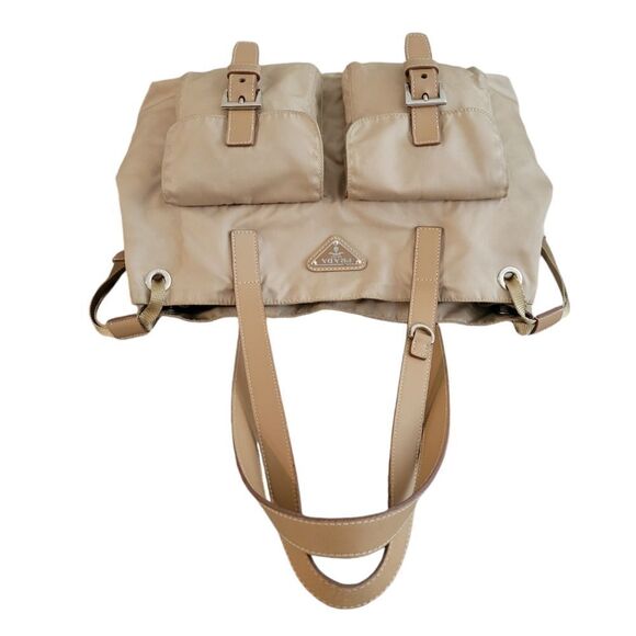 Prada Nylon Leather Beige khaki Tote Shoulder Bag Handbag - Picture 3 of 15